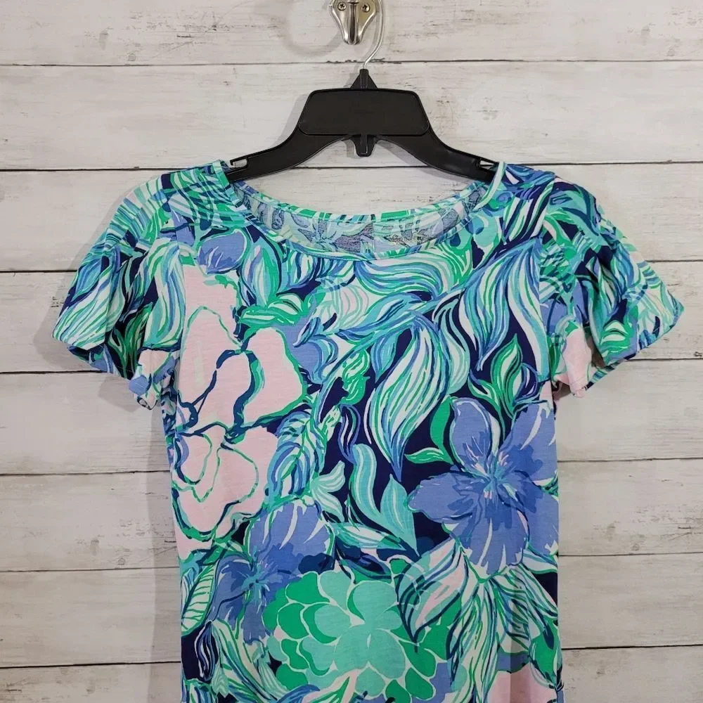 Lilly Pulitzer‎ Marah Dress Party Thyme Print Pima Cotton Flutter Sleeve Sz XXS